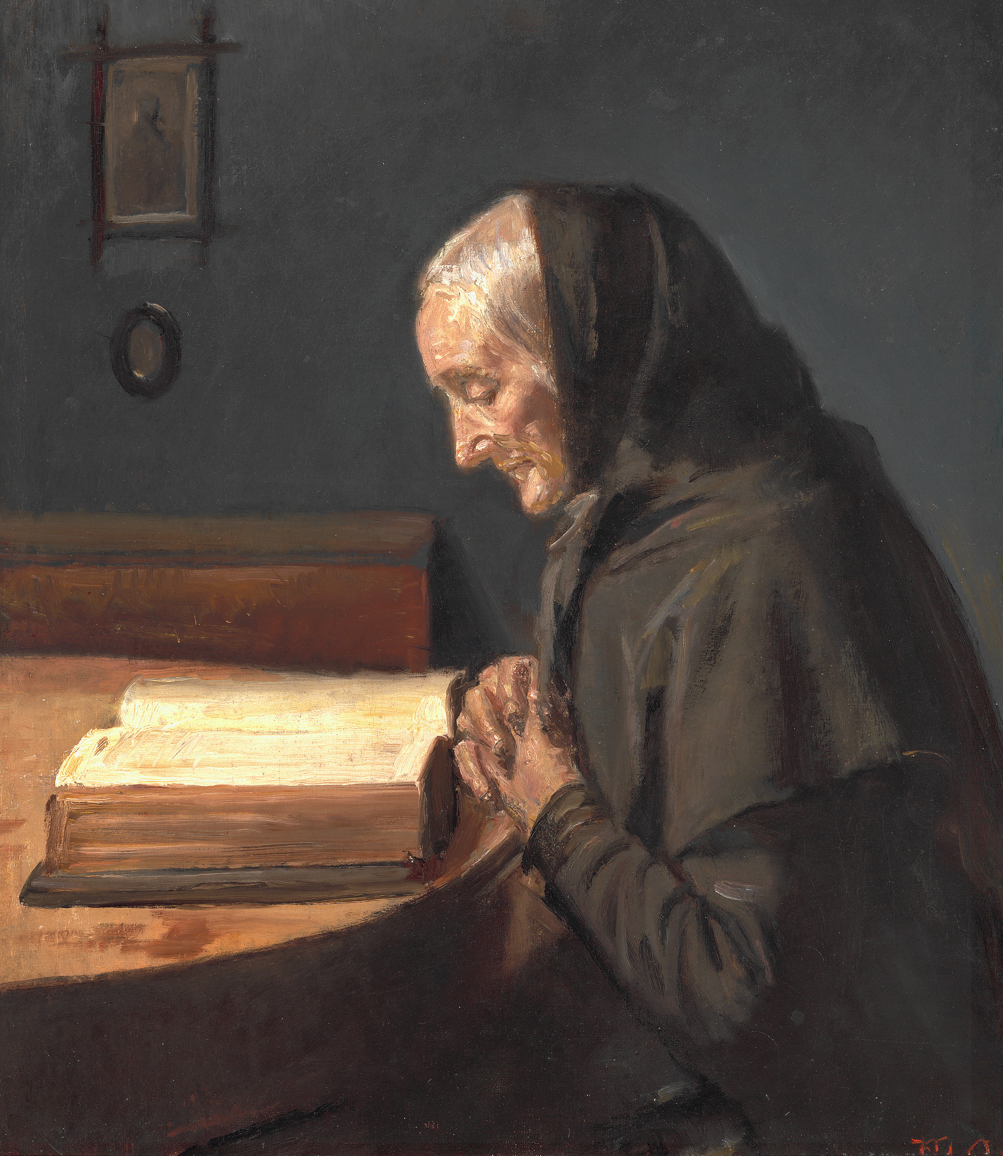 Intérieur avec Ane Brøndum, la belle-mère de l'artiste, de profil, lisant la Bible. - Michael Peter Ancher image 1 copie de tableau peinte à la main
