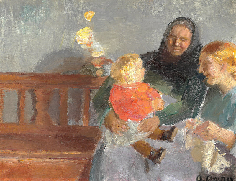 Wnętrze skąpane w słońcu, z trzema pokoleniami. - Anna Ancher