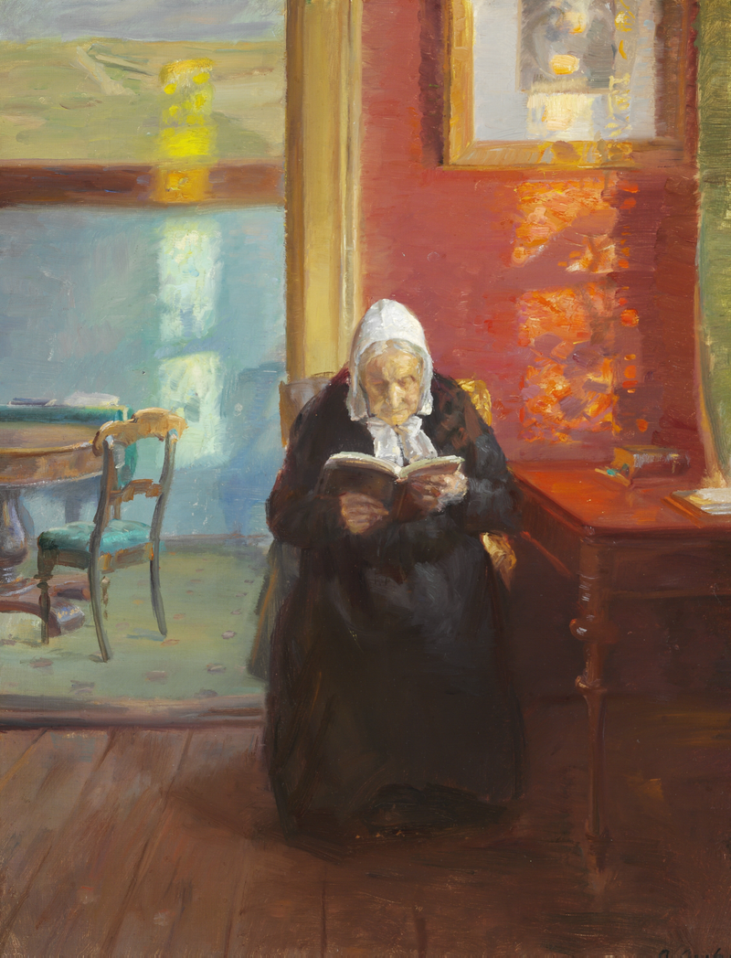 Wnętrze czerwonej sypialni z matką artysty, Ane Brøndum, czytającą - Anna Ancher