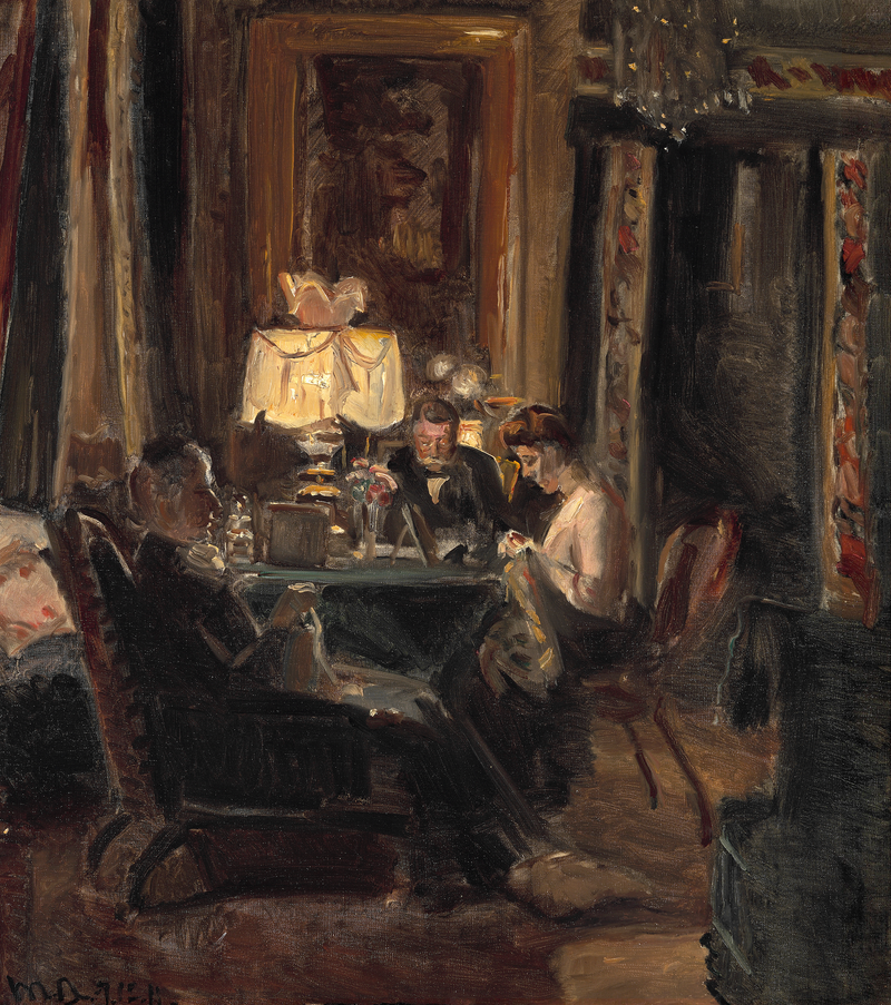 Intérieur du salon de Kruuseminde avec la famille Bech attablée à la lumière d'une lampe. - Michael Peter Ancher