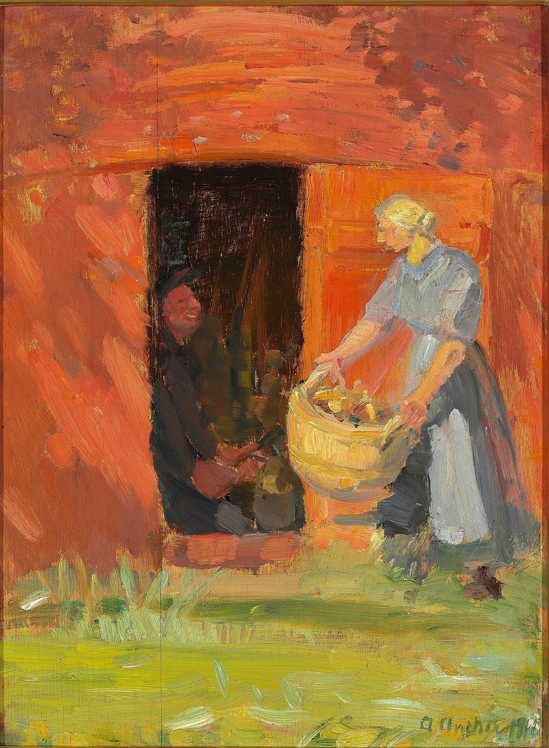 Młoda kobieta nosząca bieliznę przed czerwonym domem w Skagen. - Anna Ancher