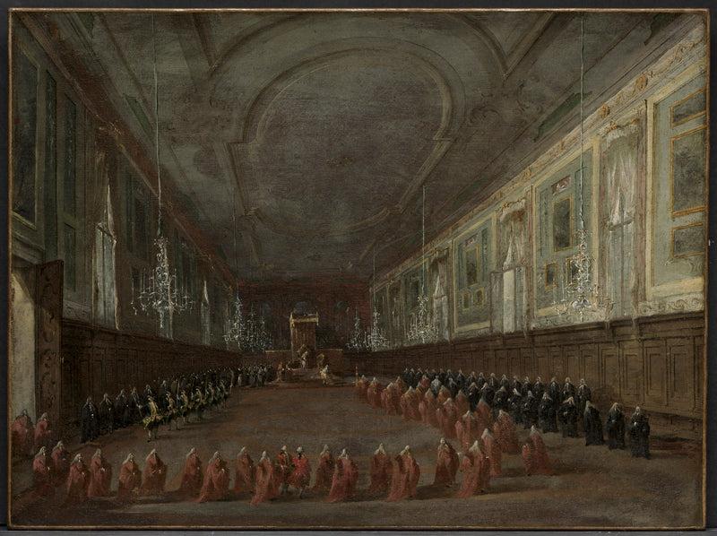 Papież Pius VI schodzący z tronu, aby pożegnać się z dogiem w sali Świętych Jana i Pawła, 1782 - Francesco Guardi