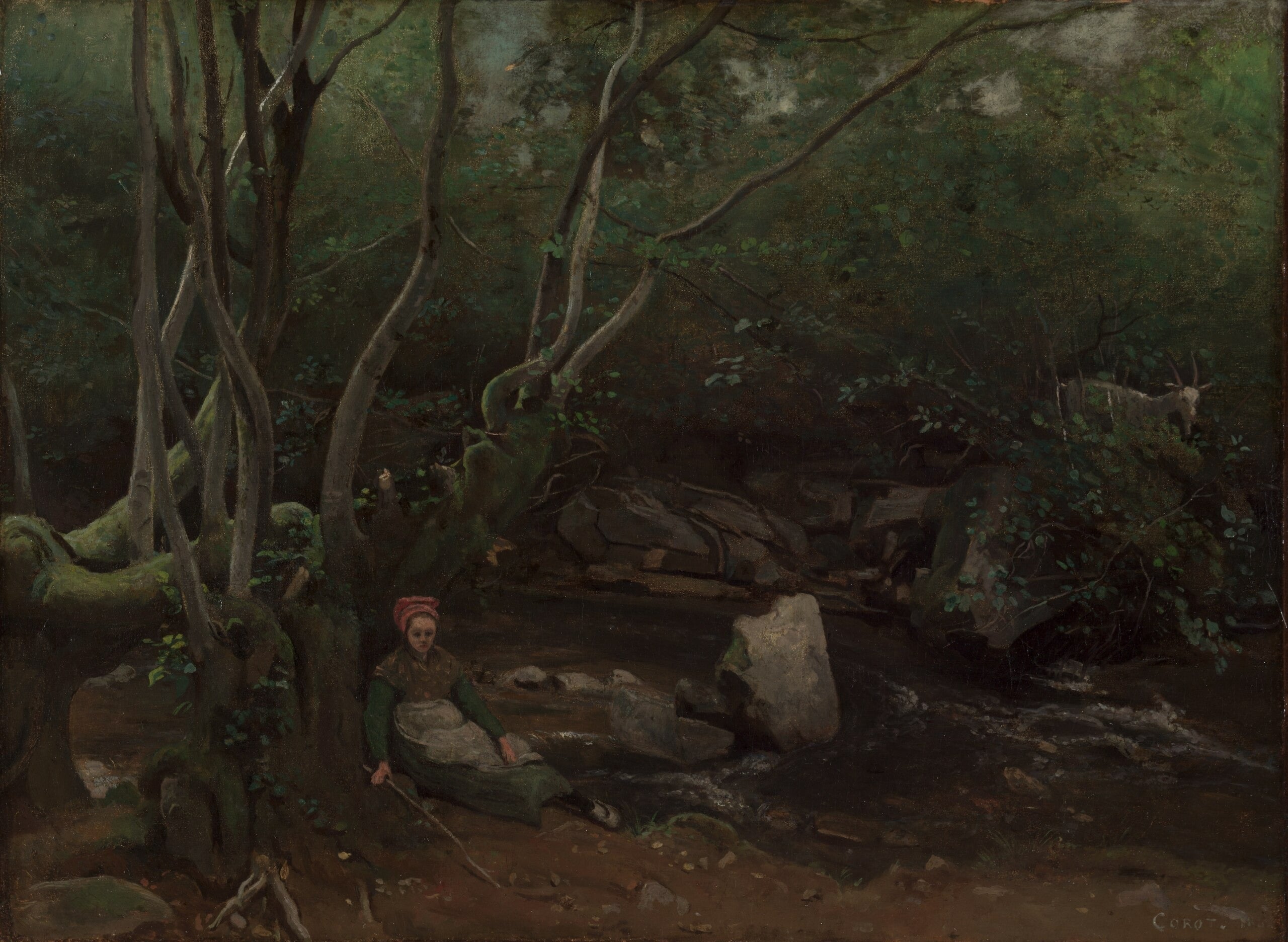 Lormes, Une chevrière assise au bord d'un torrent sous bois - Jean-Baptiste Camille Corot