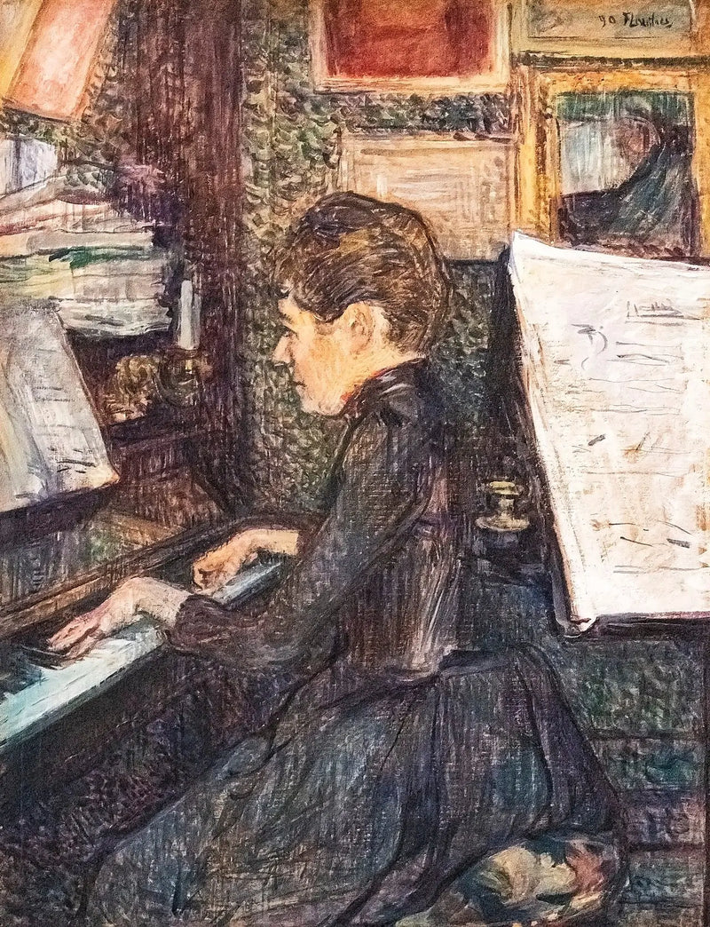 Mademoiselle Dihau na pianinie - Henri de Toulouse-Lautrec