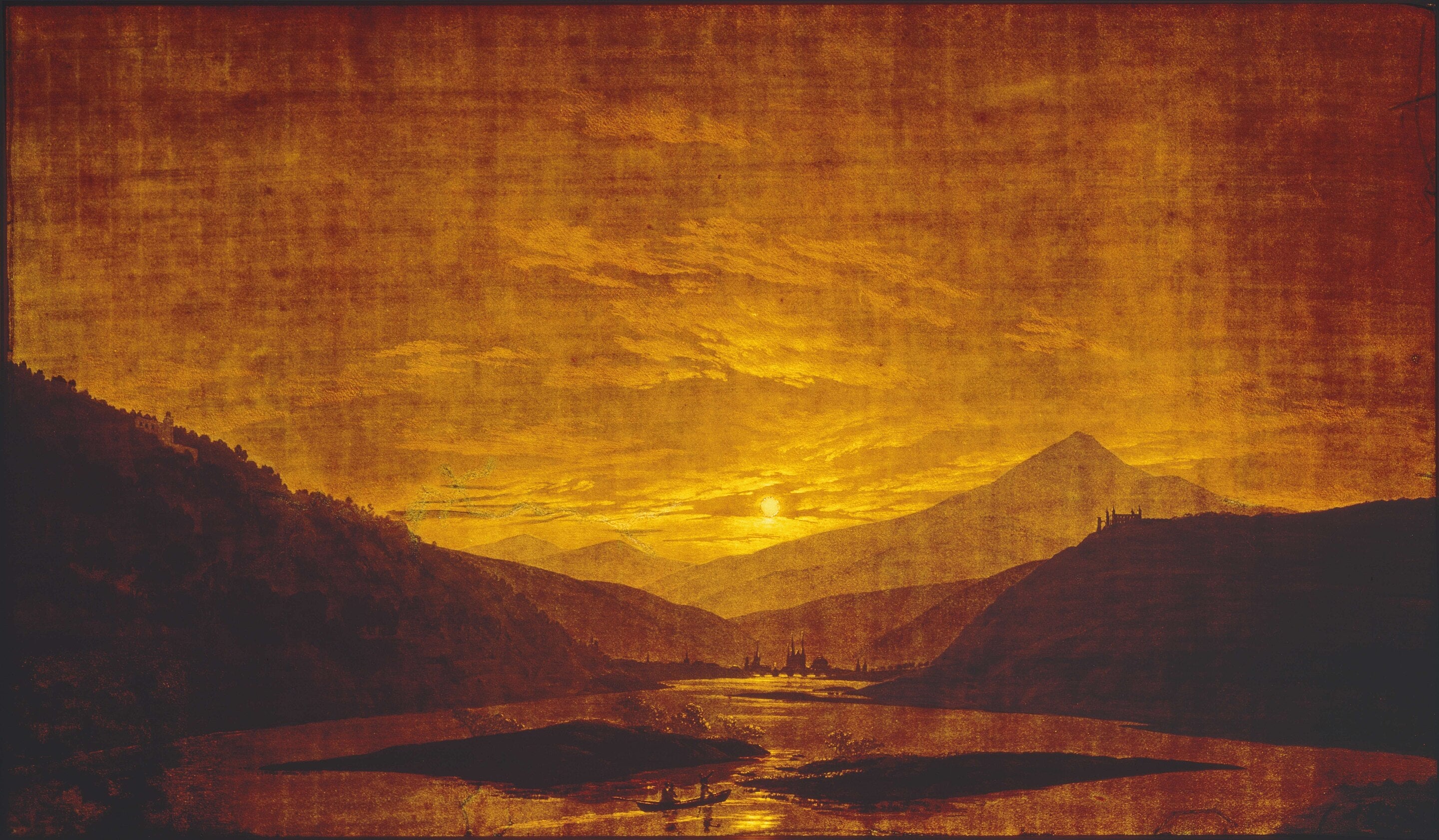 Krajobraz rzeki w górach, w nocy - Caspar David Friedrich
