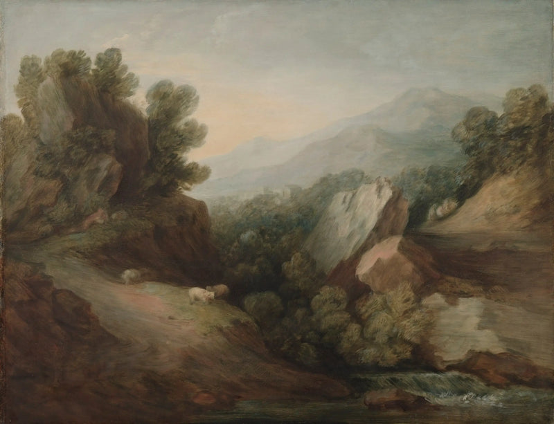 Krajobraz skalisty i zalesiony z doliną i zaporą - Thomas Gainsborough