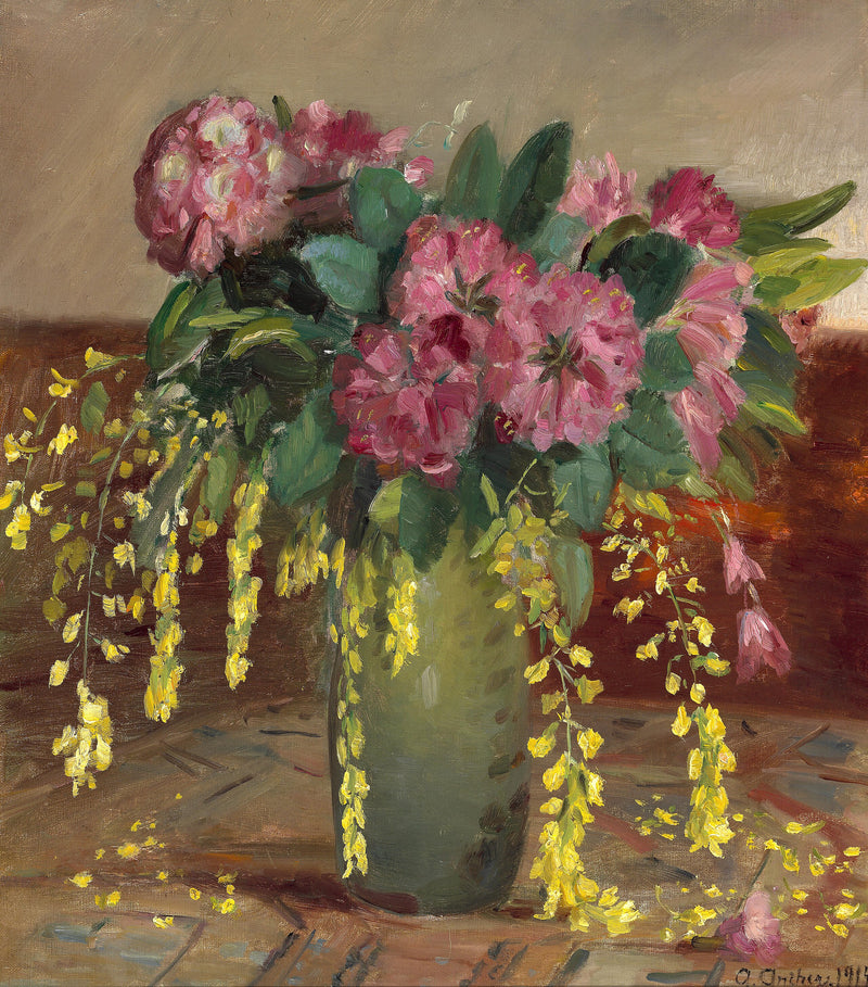 Rhododendrony różowe i żółty mącznik w zielonym wazonie - Anna Ancher