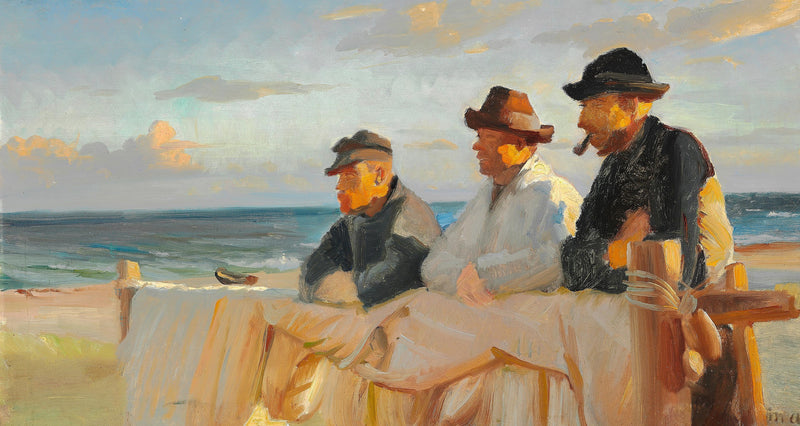 Trois pêcheurs sur la plage de Skagen, sous le soleil couchant. - Michael Peter Ancher