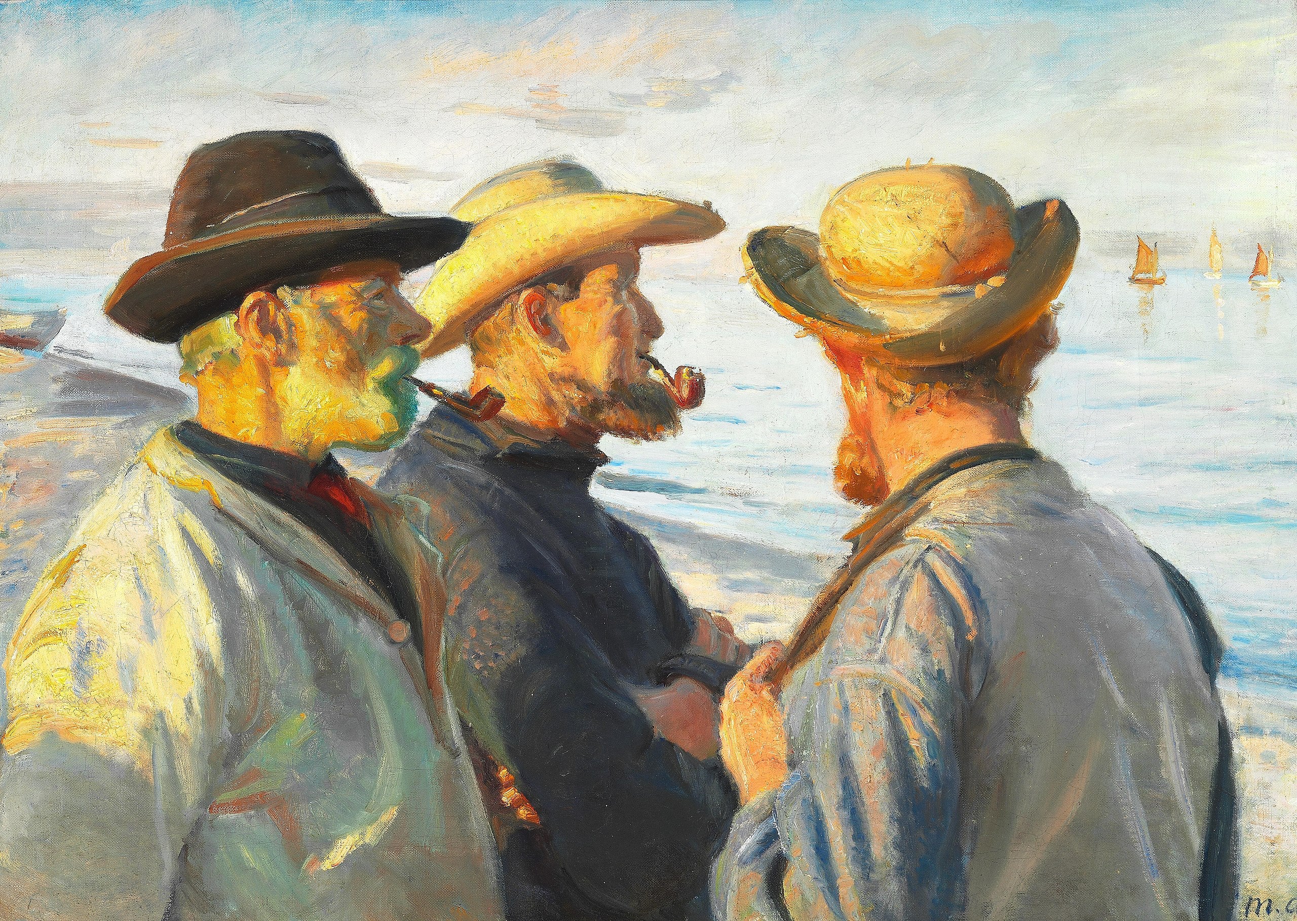 Trois pêcheurs sur la plage de Skagen sous le soleil couchant. - Michael Peter Ancher - Alpha Reproduction