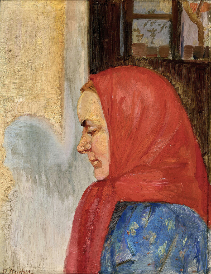 Młoda kobieta z Skagen nosząca czerwoną chustę, widziana z profilu. - Anna Ancher