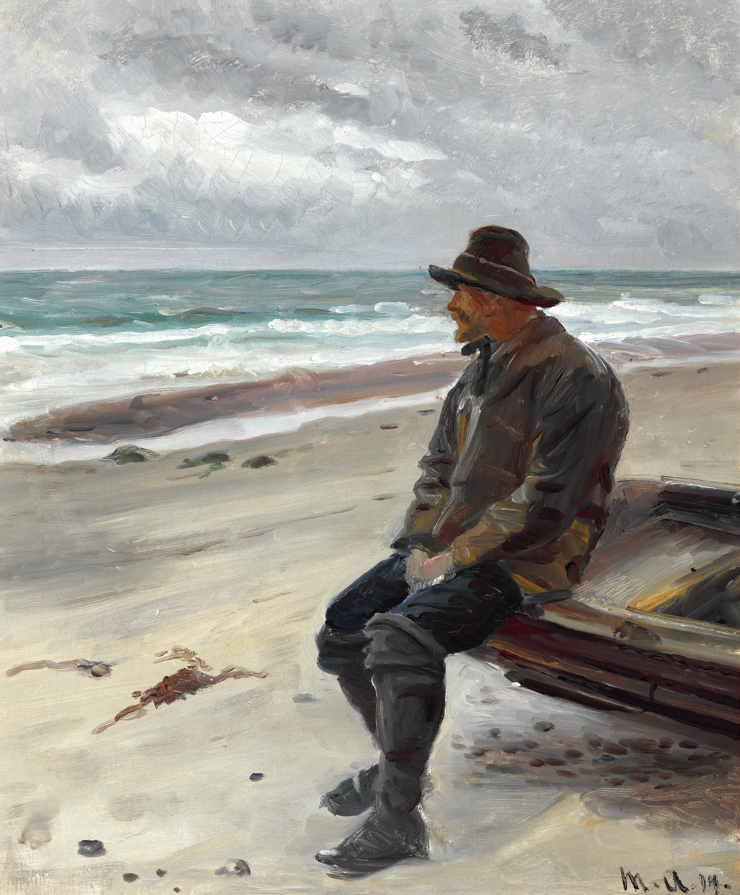 Un pêcheur près de son bateau sur la plage. - Michael Peter Ancher