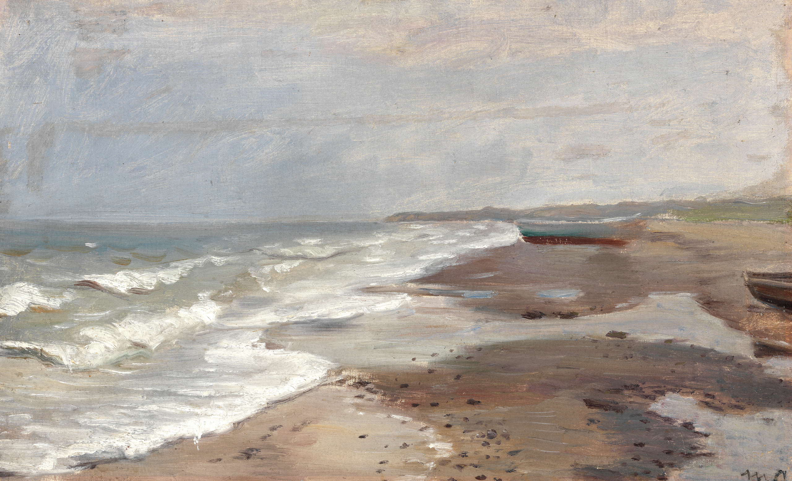 Vue côtière depuis la plage de Skagen avec des bateaux de pêche sur le rivage. - Michael Peter Ancher