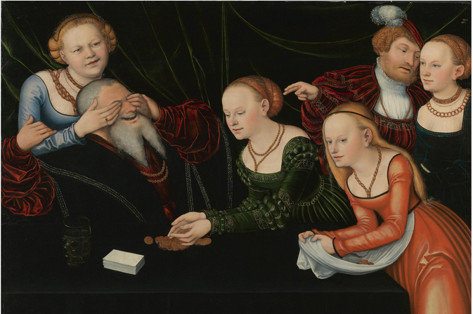 6 osób, dziewczyny bawiące się z starszym mężczyzną - Lucas Cranach the Elder