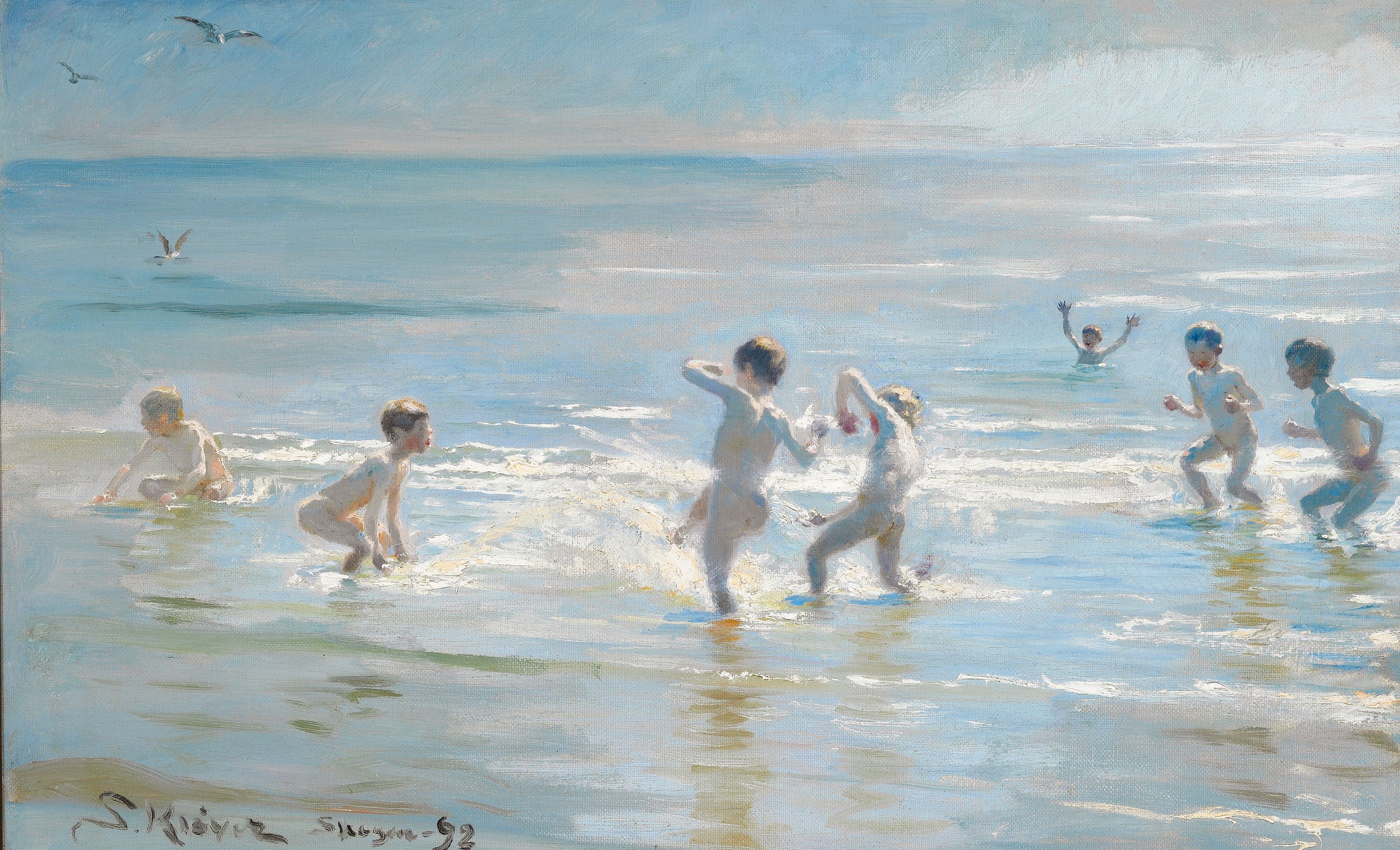 Chłopcy kąpiący się letnim wieczorem na plaży w Skagen - Peder Severin Krøyer