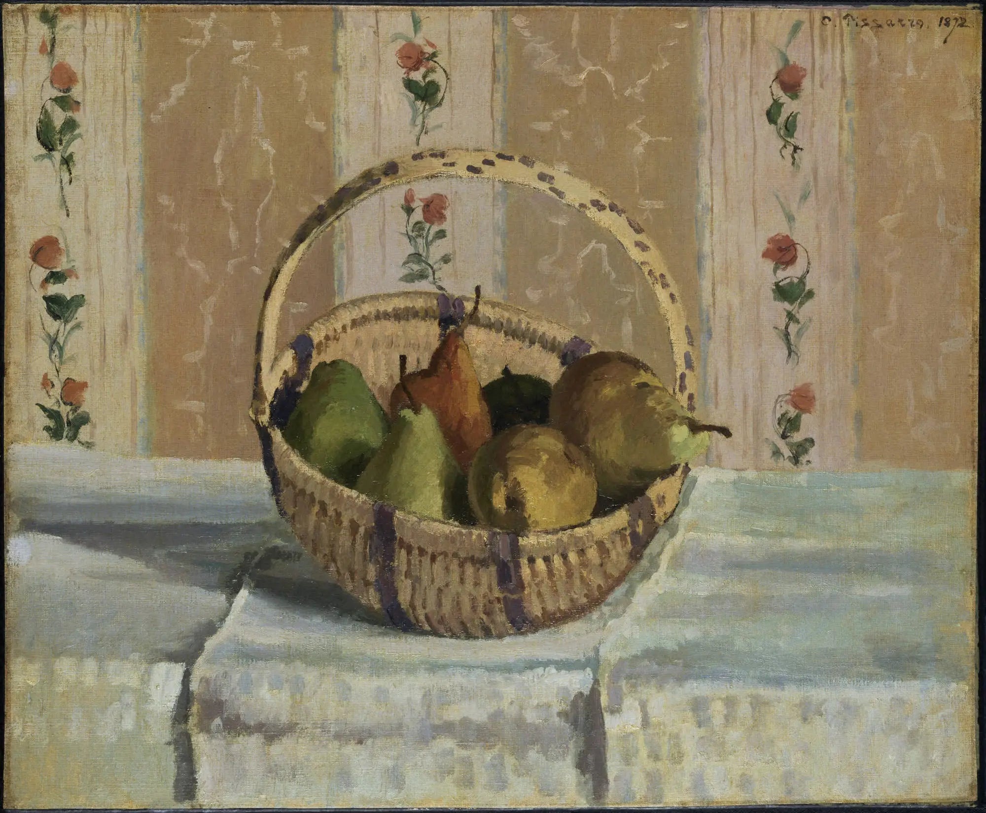 Reproduction du tableau « Nature morte : pommes et poires dans un panier rond - Camille Pissarro » par Alpha Reproduction en peinture à l’huile