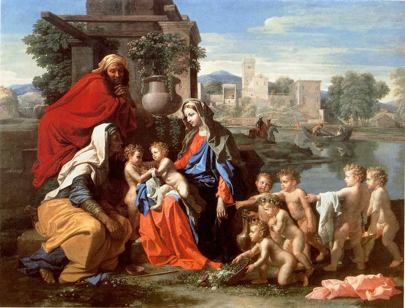 Święta Rodzina z świętą Elżbietą, małym świętym Janem i puttami - Nicolas Poussin