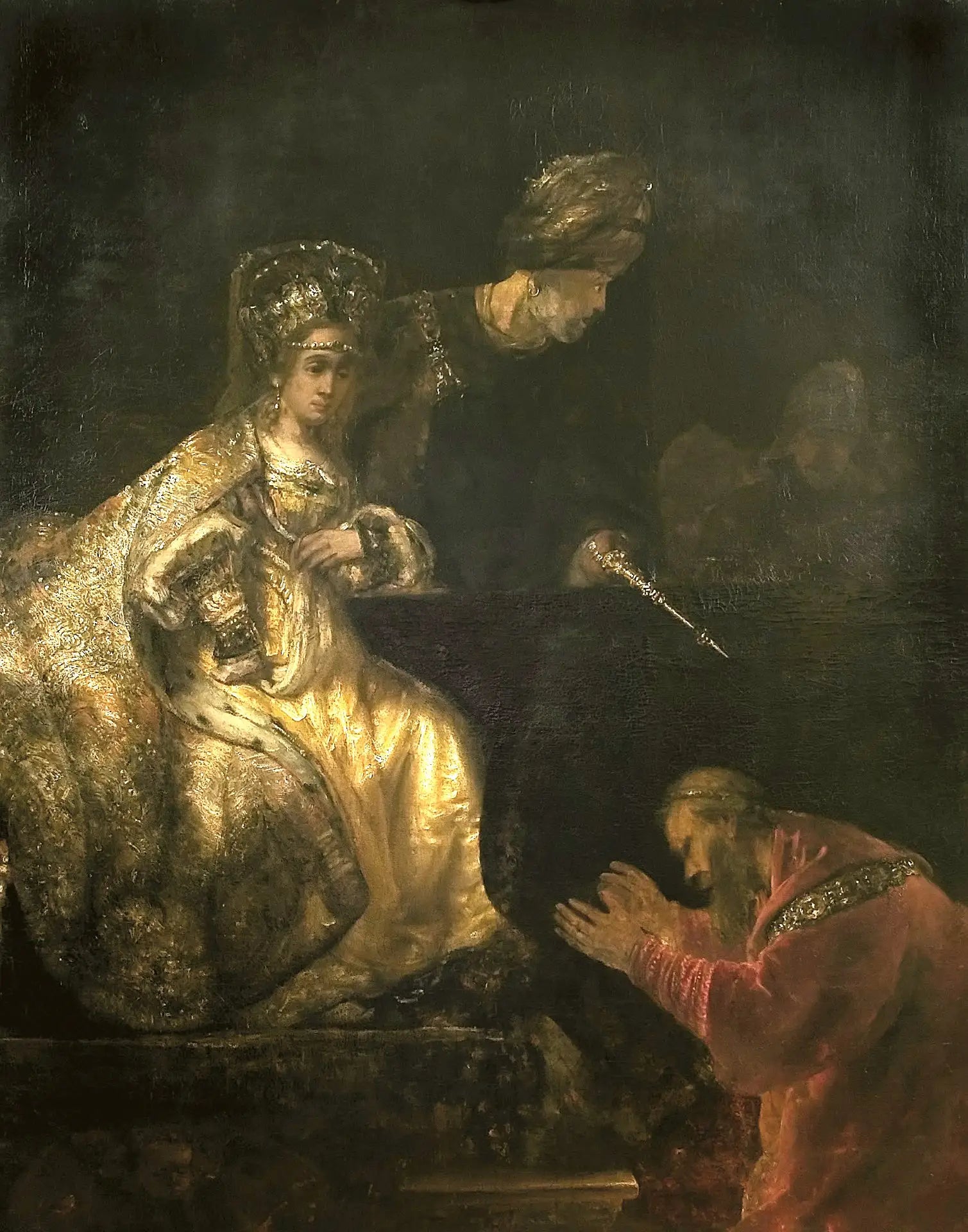 Reproduction du tableau « Haman supplie Esther de lui donner la vie sauve - Rembrandt » par Alpha Reproduction en peinture à l’huile