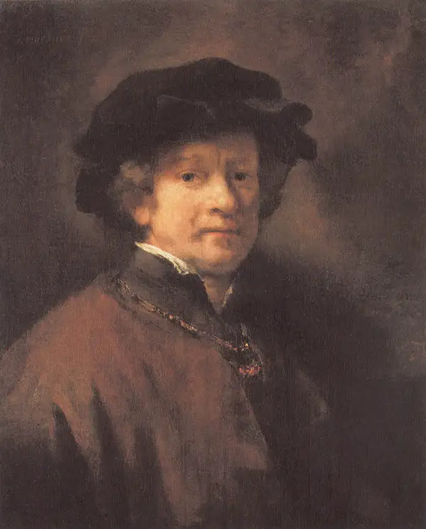 Autoportret w czarnym berecie i złotym łańcuszku - Rembrandt