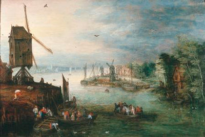 Paysage fluvial avec moulins à vent et navires - Jan Brueghel l'Ancien