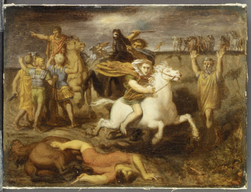 Scène de la guerre des Gaules: le Gaulois Littavicus trahissant la cause romaine s’enfuit à Gergovie pour soutenir