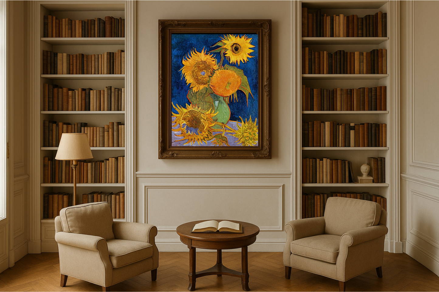 🌻 Słoneczniki (królewsko-niebieskie tło) – Vincent van Gogh (1888)