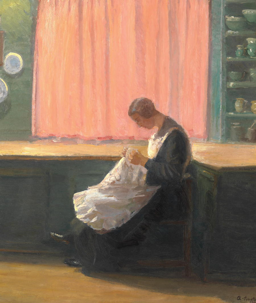Pod koniec dnia. Młoda dziewczyna szyjąca. - Anna Ancher