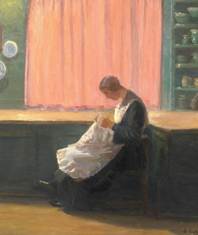 Pod koniec dnia. Młoda dziewczyna szyjąca. - Anna Ancher