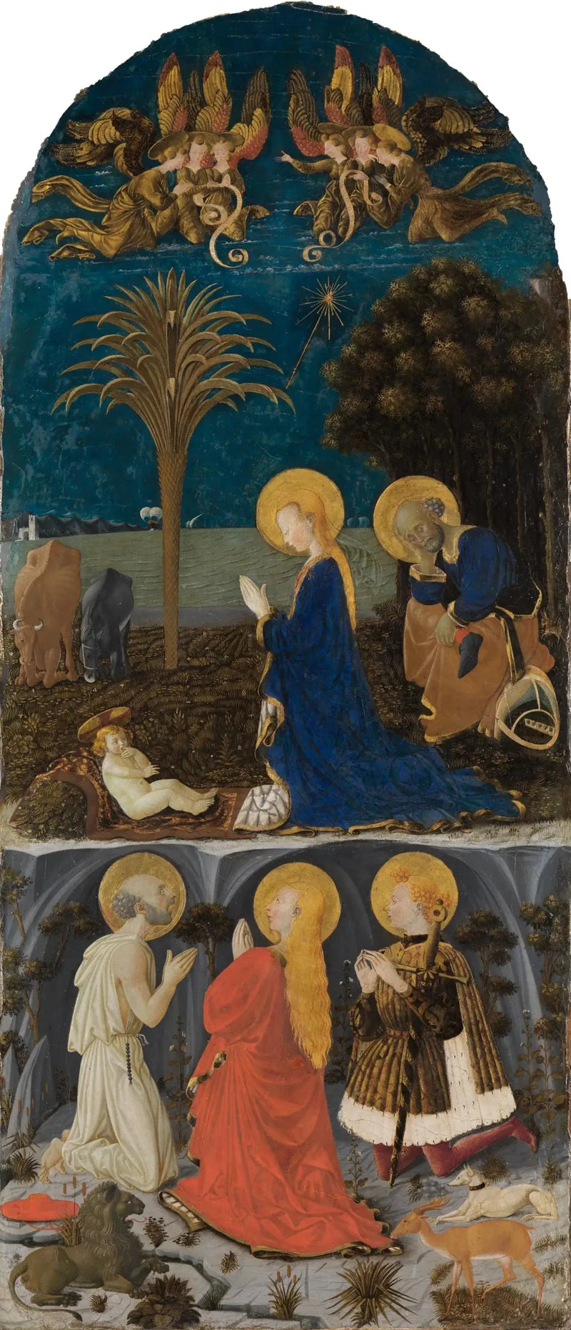 Adoracja Dzieciątka z świętymi Hieronimem, Marią Magdaleną, Eustachem i Juliánem - Paolo Uccello