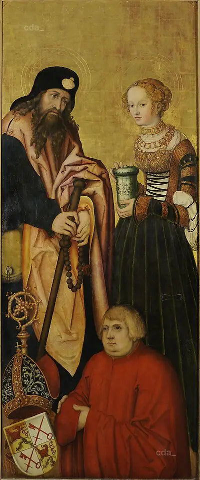 Skrzydło retabulum zachodniego chóru katedry w Naumburgu [wewnątrz]: apostoł Jakub Starszy i święta Maria Magdalena z biskupem Janem III z Schönbergu (1492-1517) jako darczyńca [wewnątrz] - Lucas Cranach Starszy