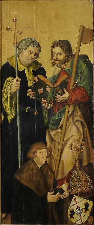 Skrzydło retabulum zachodniego chóru katedry w Naumburgu [lewe skrzydło]: apostoł Filip i Jakub Młodszy z Filipem, hrabią Palatynatu Renu (1480-1541), biskup Freisingu (si - Lucas Cranach starszy