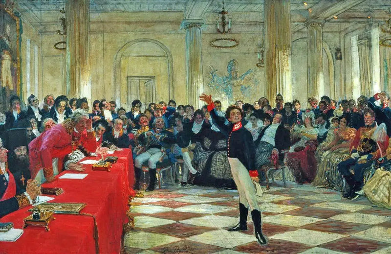 Aleksander Siergiejewicz Puszkin recytuje swój wiersz przed Gawriłą Derżawinem podczas egzaminu w liceum w Carskim Siole 8 stycznia 1815 roku. - Ilya Repin