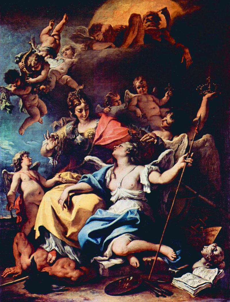 Allegoria Francji przedstawiona jako Minerva depcząca Ignorancję i koronująca Cnotę - Sebastiano Ricci