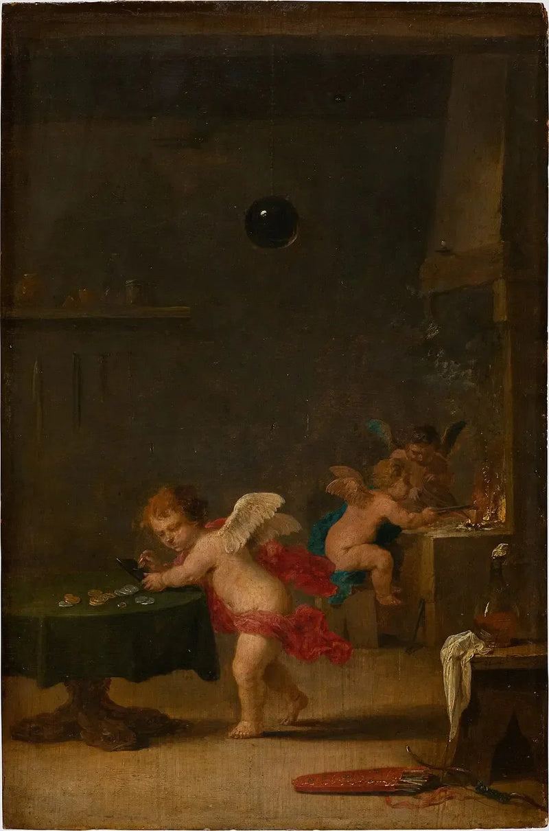 Amoretti w warsztacie alchemika - David Teniers Młodszy