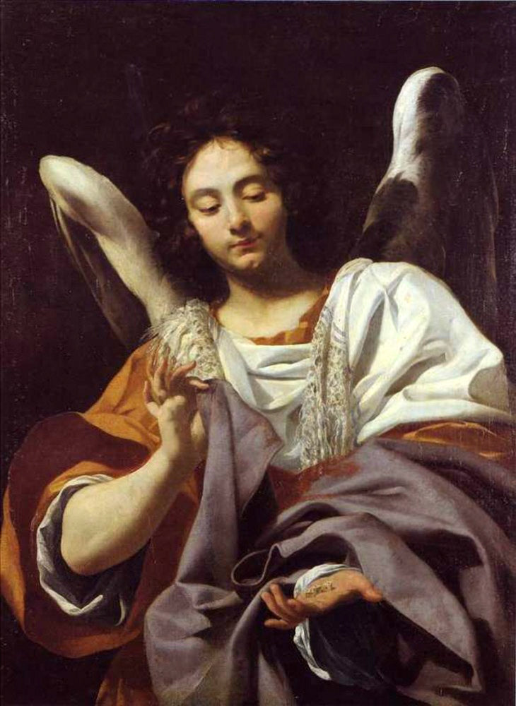 Anioł trzymający kostki i tunikę - Simon Vouet