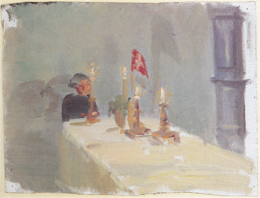 Urodziny. Kobieta przy końcu stołu z świecami i flagą. - Anna Ancher