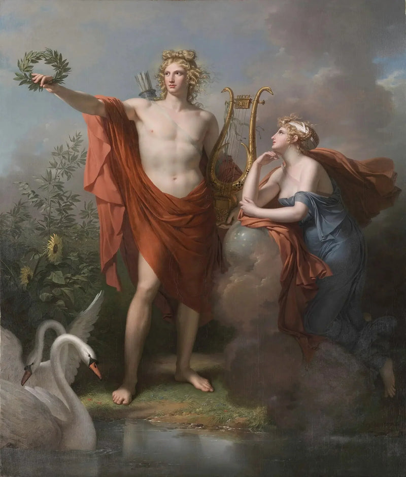Apollon, Bóg Światła, Elokwencji i Sztuk Pięknych, towarzyszący Uranii, Muzy, która patronuje Astronomii - Charles Meynier