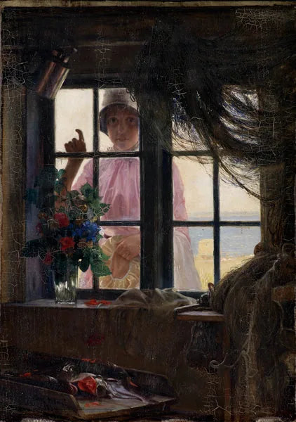 Po kąpieli. Młoda dziewczyna puka do okna rybaka. - Carl Heinrich Bloch