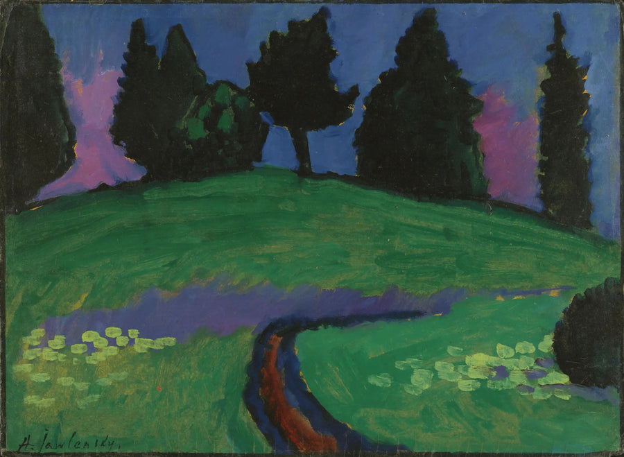 Ciemne drzewa na zielonym stoku - Aleksiej von Jawlensky