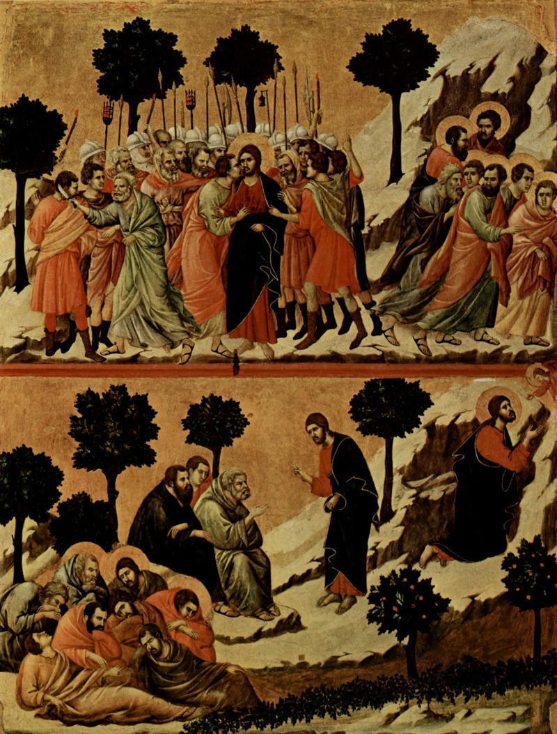 Aresztowanie Jezusa (u góry); Agonia w ogrodzie (na dole) - Duccio di Buoninsegna