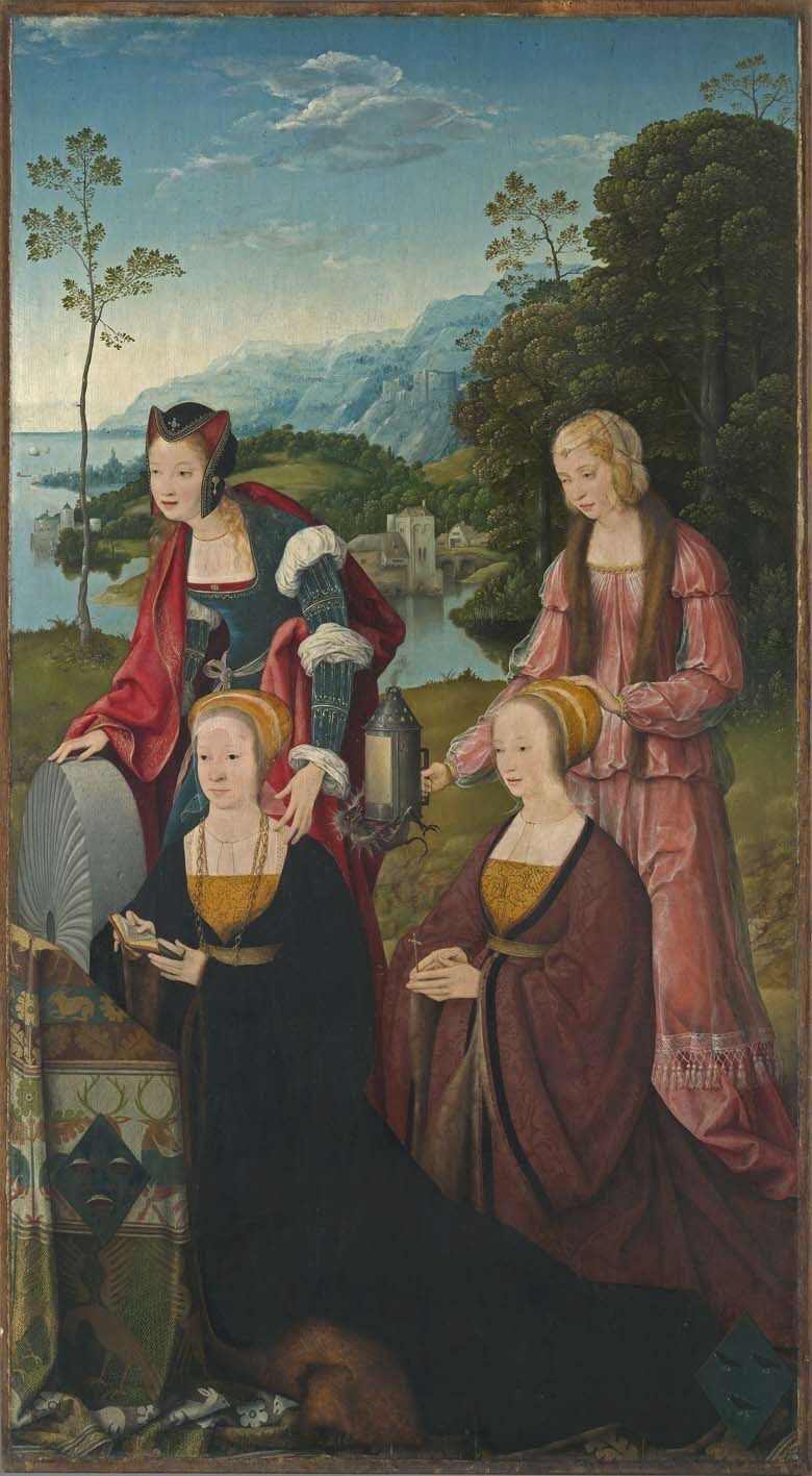 Autel de Marientod : Saintes Christine et Gudule avec les donatrices Christine et Sibilla Hackeney derrière ; à