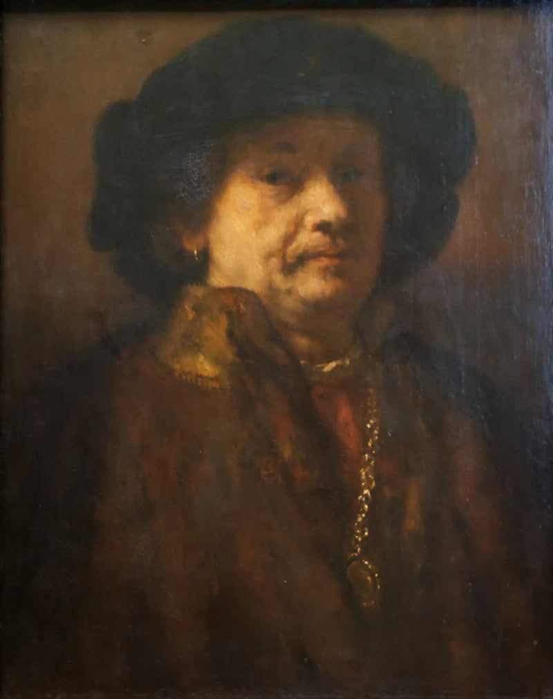 Autoportret w czarnym berecie i złotym łańcuszku - Rembrandt