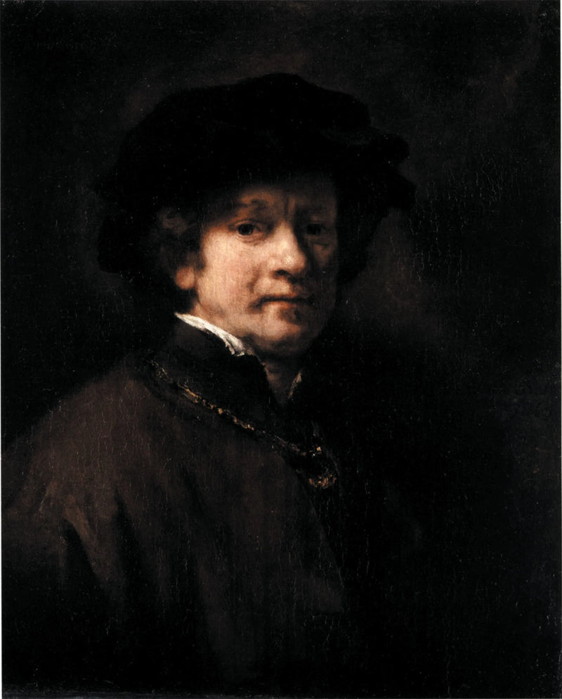 Autoportret w czarnym berecie i złotym łańcuszku - Rembrandt