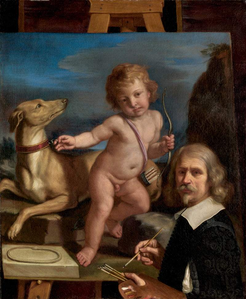 Autoportret przed obrazem przedstawiającym „Amor Fedele” - Guercino
