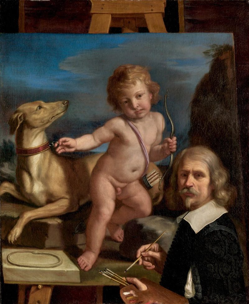 Autoportret przed obrazem przedstawiającym „Amor Fedele” - Guercino