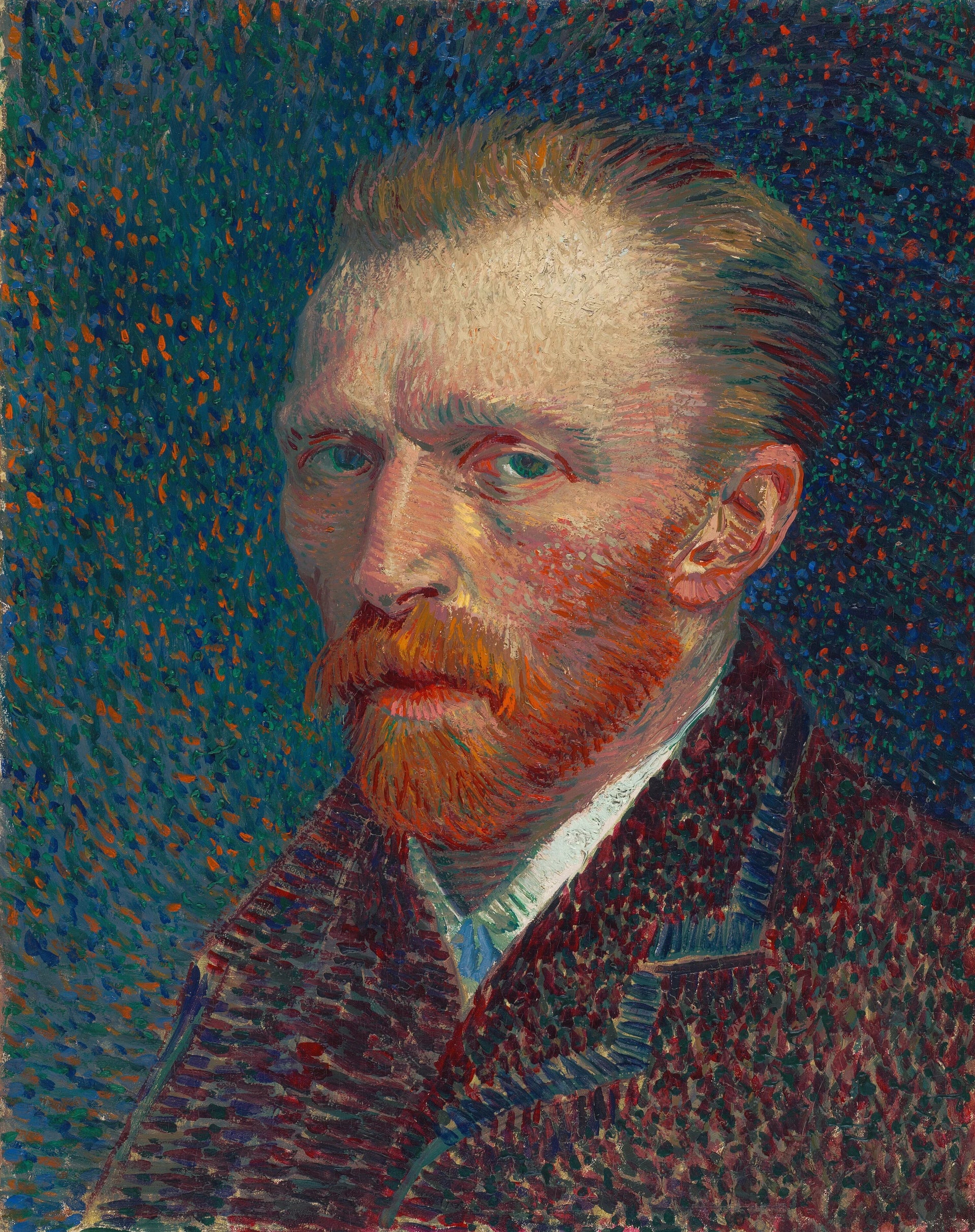 Autoportrait, F345 — visage roux, costume sombre et fond bleu pointillé peints par Vincent van Gogh