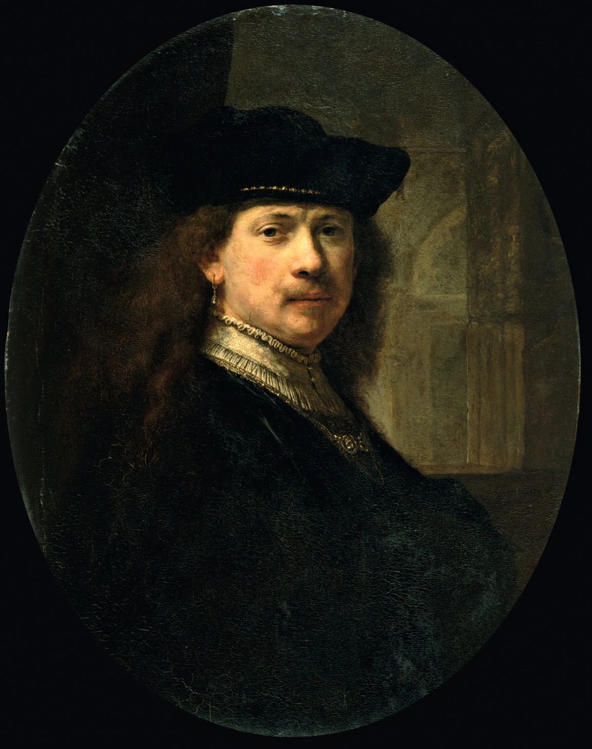 Autoportrait à la toque sur fond d’architecture — Rembrandt et intervention ultérieure, Louvre