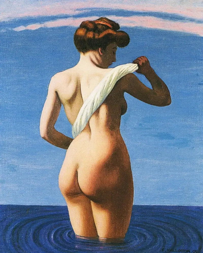Kobieta kąpiąca się od tyłu, wycierająca się ręcznikiem zwiniętym - Félix Vallotton