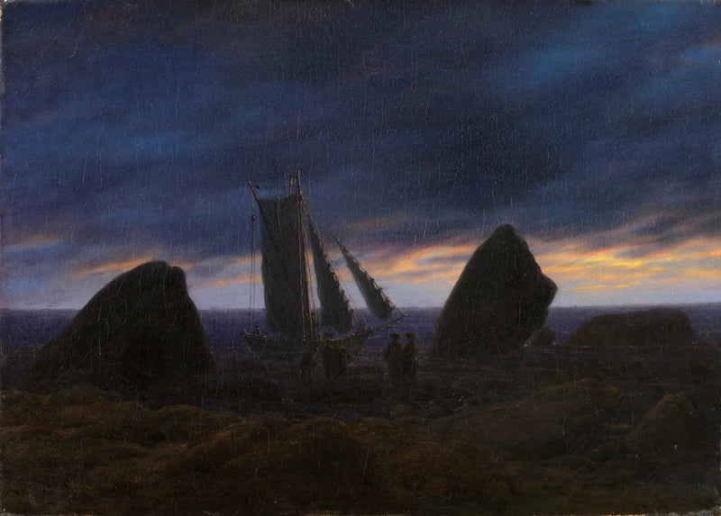 Łódź rybacka między dwoma skałami na plaży Morza Bałtyckiego - Caspar David Friedrich