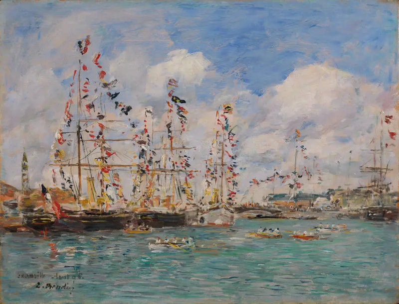 Ozdobione łodzie z flagami w porcie w Deauville - Eugène Boudin