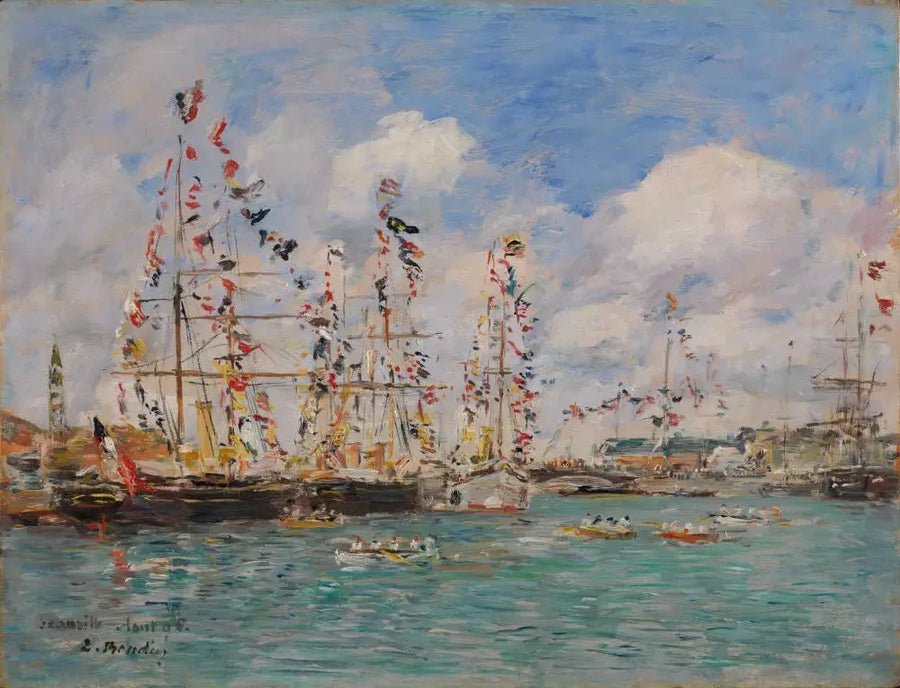 Ozdobione łodzie z flagami w porcie w Deauville - Eugène Boudin